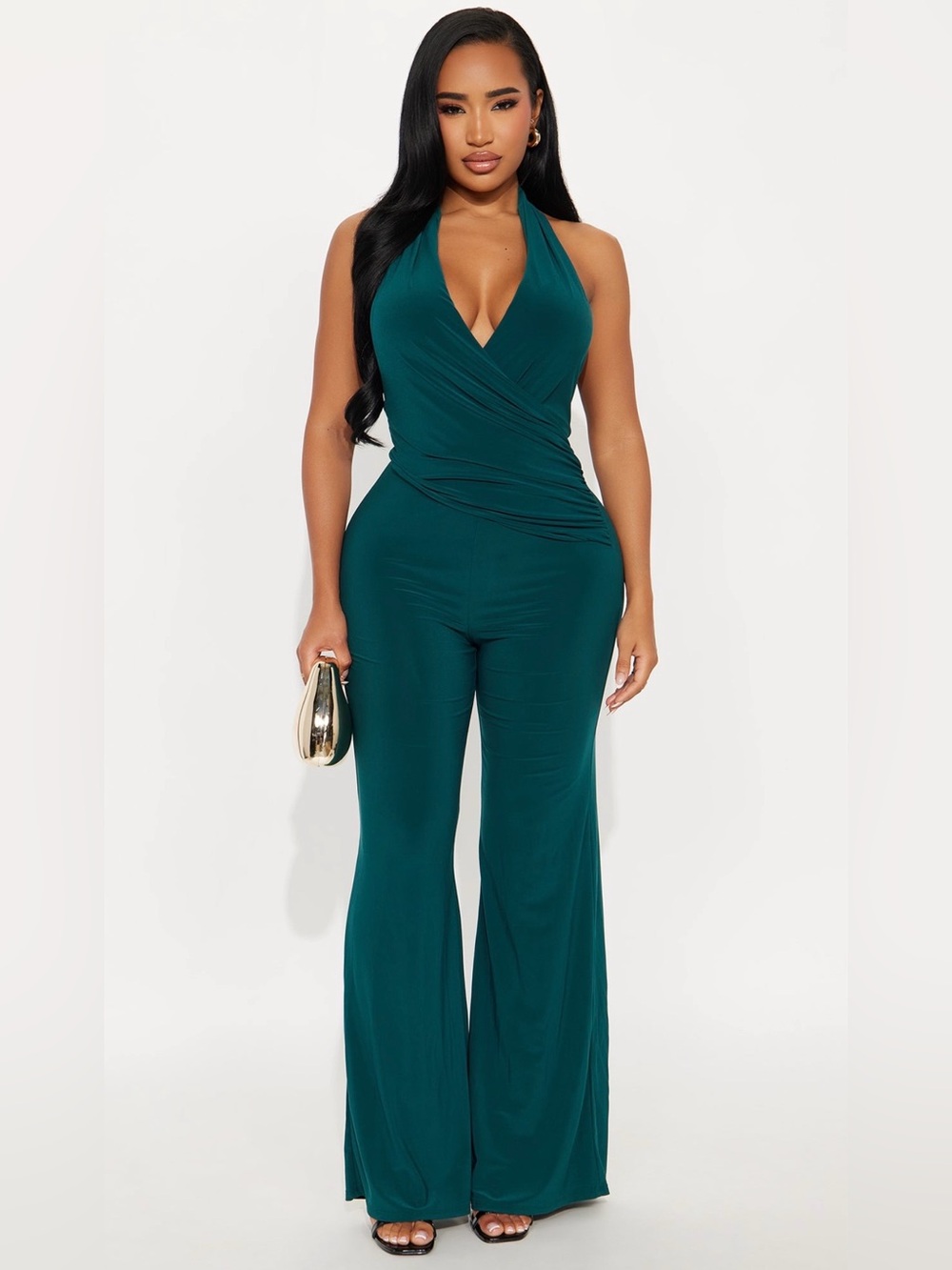 Fashion Nova Teal Halter Wide-Leg Jumpsuit